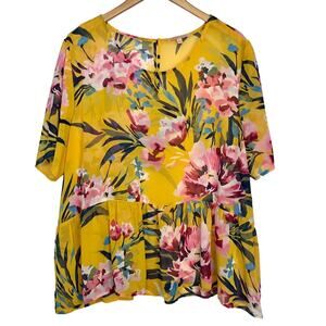 Dillard's Gibson & Latimer Yellow Floral Short Sleeve Blouse Shirt Flowy Large